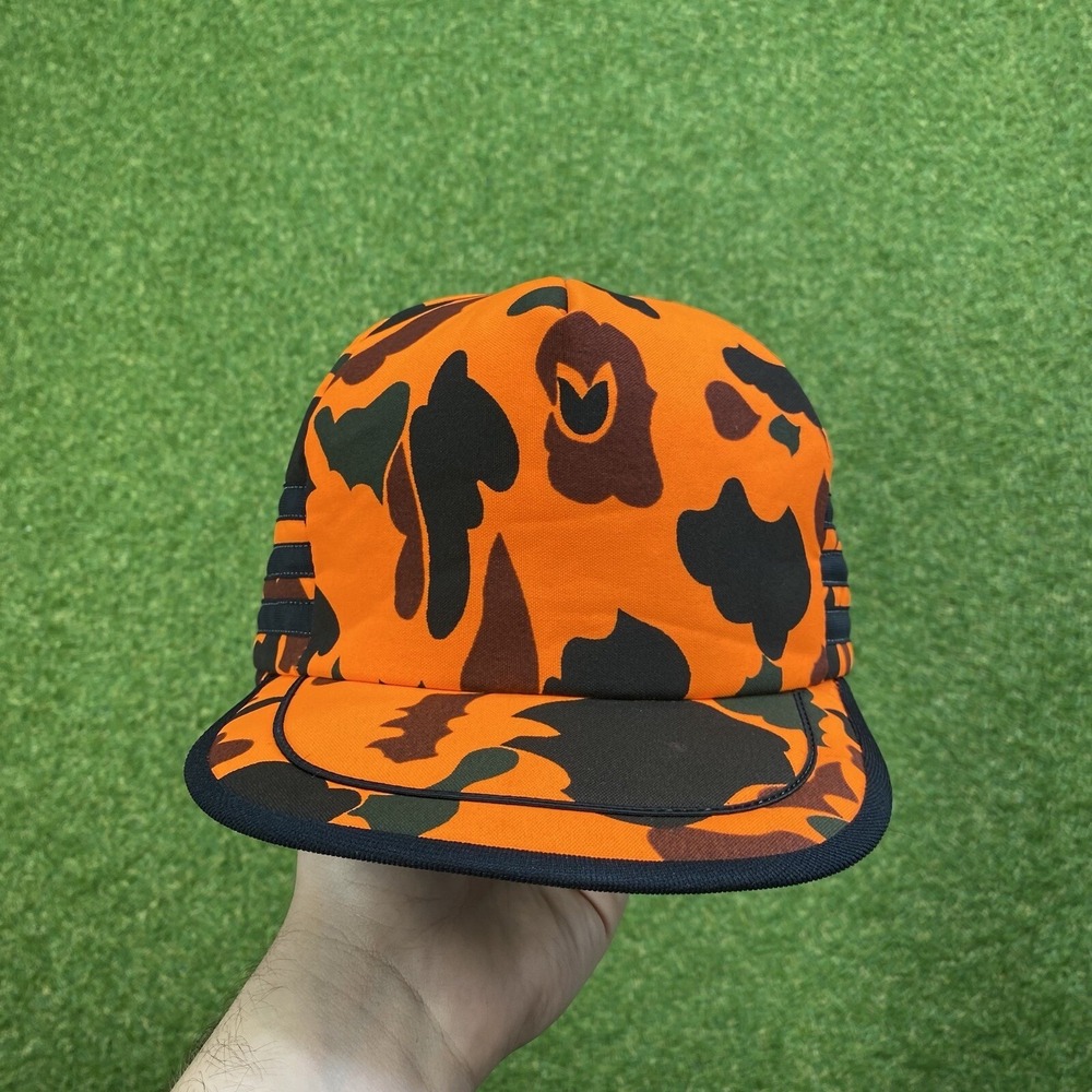Vintage 3 Stripe Camo Hat Cap Orange Hunting Flap Snapback Trapping Bape